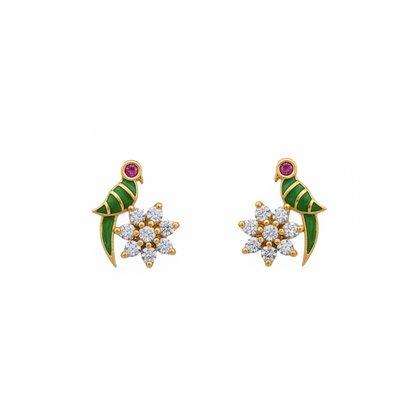 925 Sterling Silver Parrot Floral Stud Earrings for Women | Gold Plated with Green Enamel & CZ Stones - PAIR
