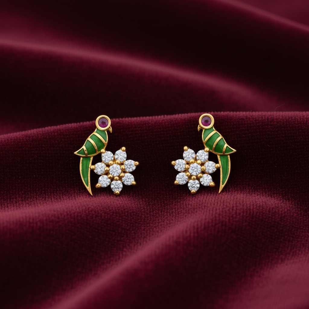 925 Sterling Silver Parrot Floral Stud Earrings for Women | Gold Plated with Green Enamel & CZ Stones - PAIR