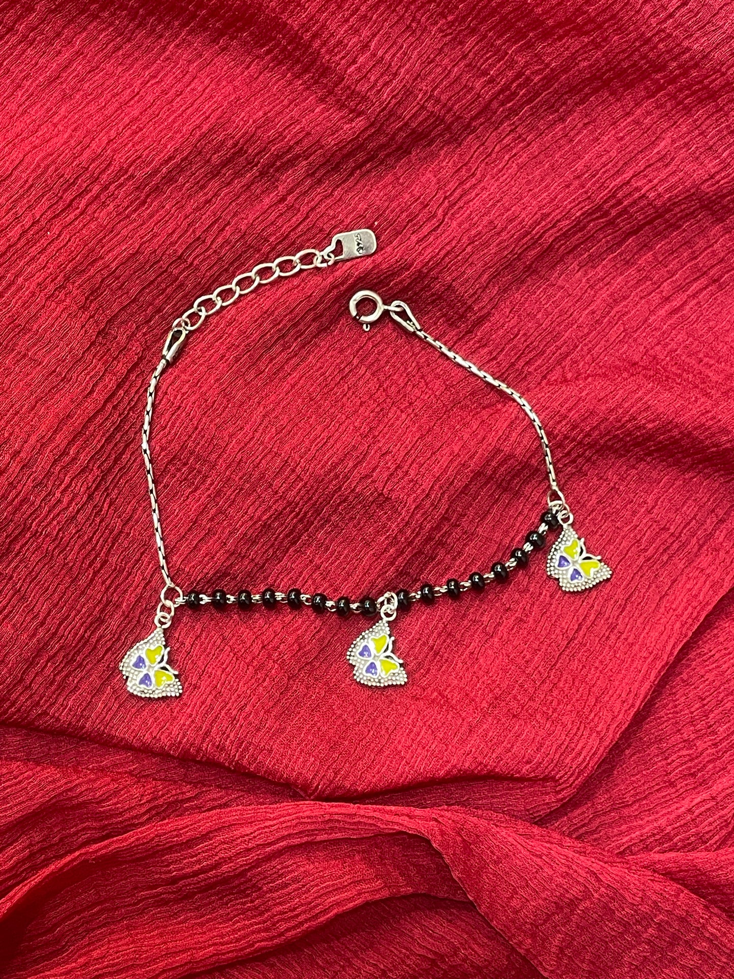 92.5 Silver Black Beads Butterfly Bracelet for Women 7.5 Inches | Stylish Elegant Design | Daily Wear Jewellery