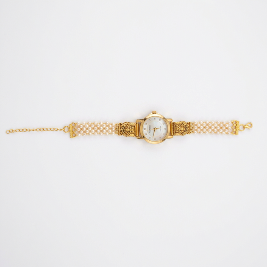 92.5 Silver Gold Plated Temple Nakshi Pearl Watch for Women