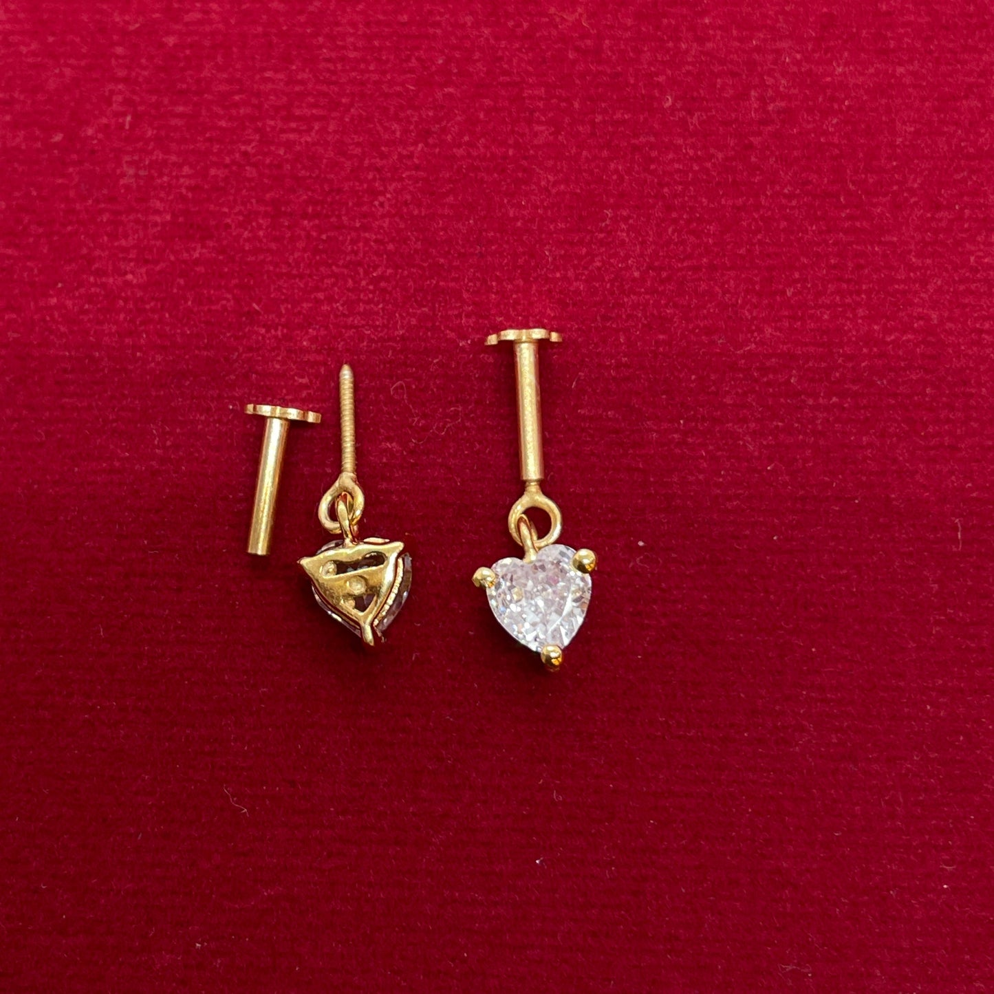 Gold Plated 92.5 Sterling Silver Heart CZ Solitaire Bugadi for Women | Minimal Heart Dangle Bar Drop | Helix Earring Pair