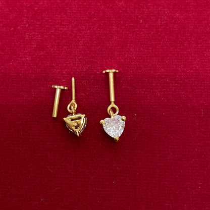 Gold Plated 92.5 Sterling Silver Heart CZ Solitaire Bugadi for Women | Minimal Heart Dangle Bar Drop | Helix Earring Pair