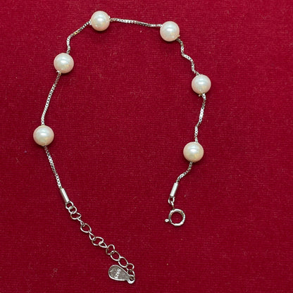 92.5 Sterling Silver Floating Pearl Station Bracelet for Women