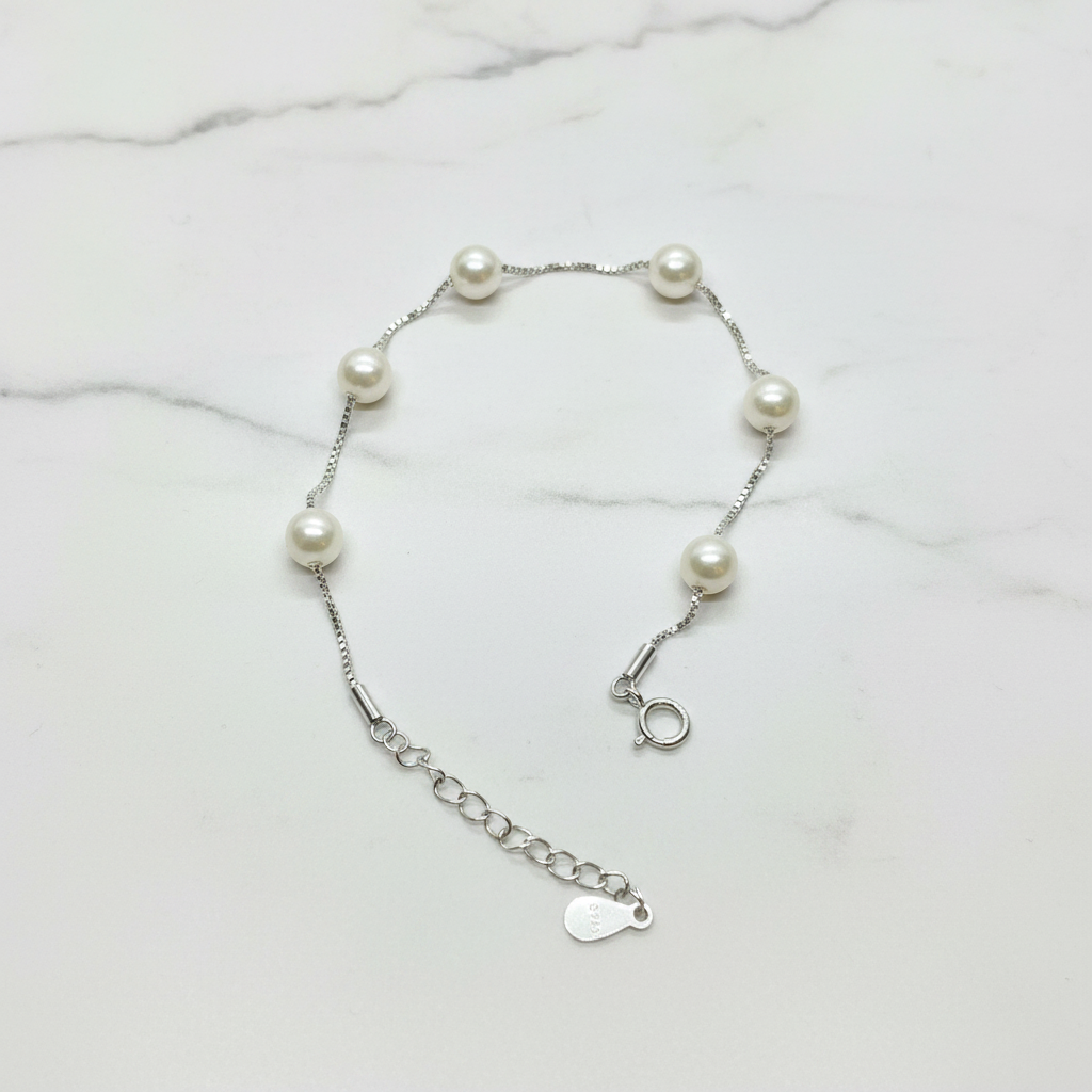 92.5 Sterling Silver Floating Pearl Station Bracelet for Women