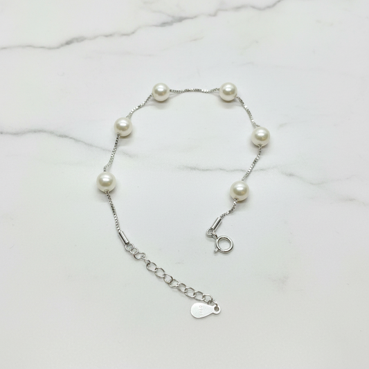92.5 Sterling Silver Floating Pearl Station Bracelet for Women