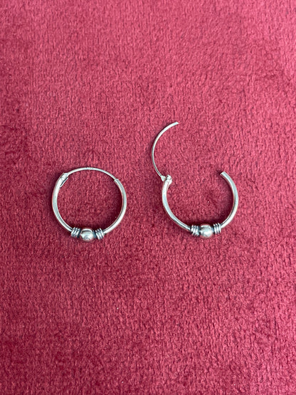 92.5 Silver Single Bead Hoop Earrings Pair