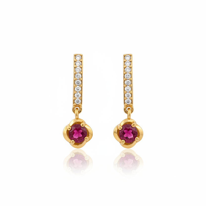 925 Silver Gold Plated Ruby Drop  Earrings