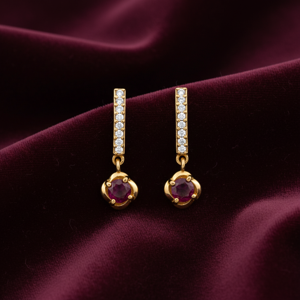 925 Silver Gold Plated Ruby Drop  Earrings