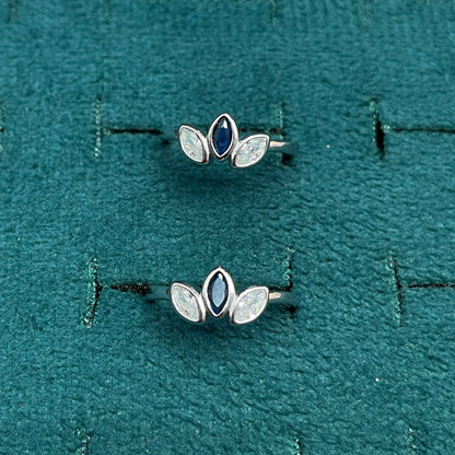 92.5 Sterling Silver Sapphire Blue & White CZ Marquise Three Leaf Open Toe Rings for Women — Pair