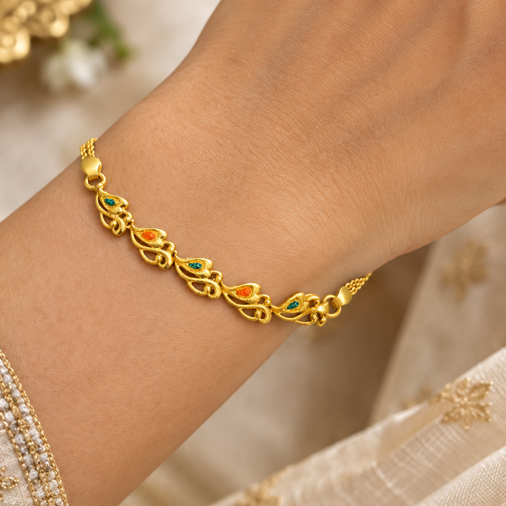 92.5 Silver Gold Plated Enamel Leaf Motif Bracelet for Women