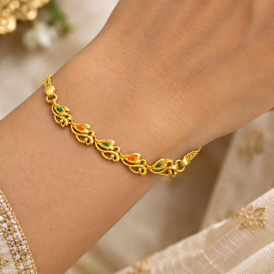 92.5 Silver Gold Plated Enamel Leaf Motif Bracelet for Women