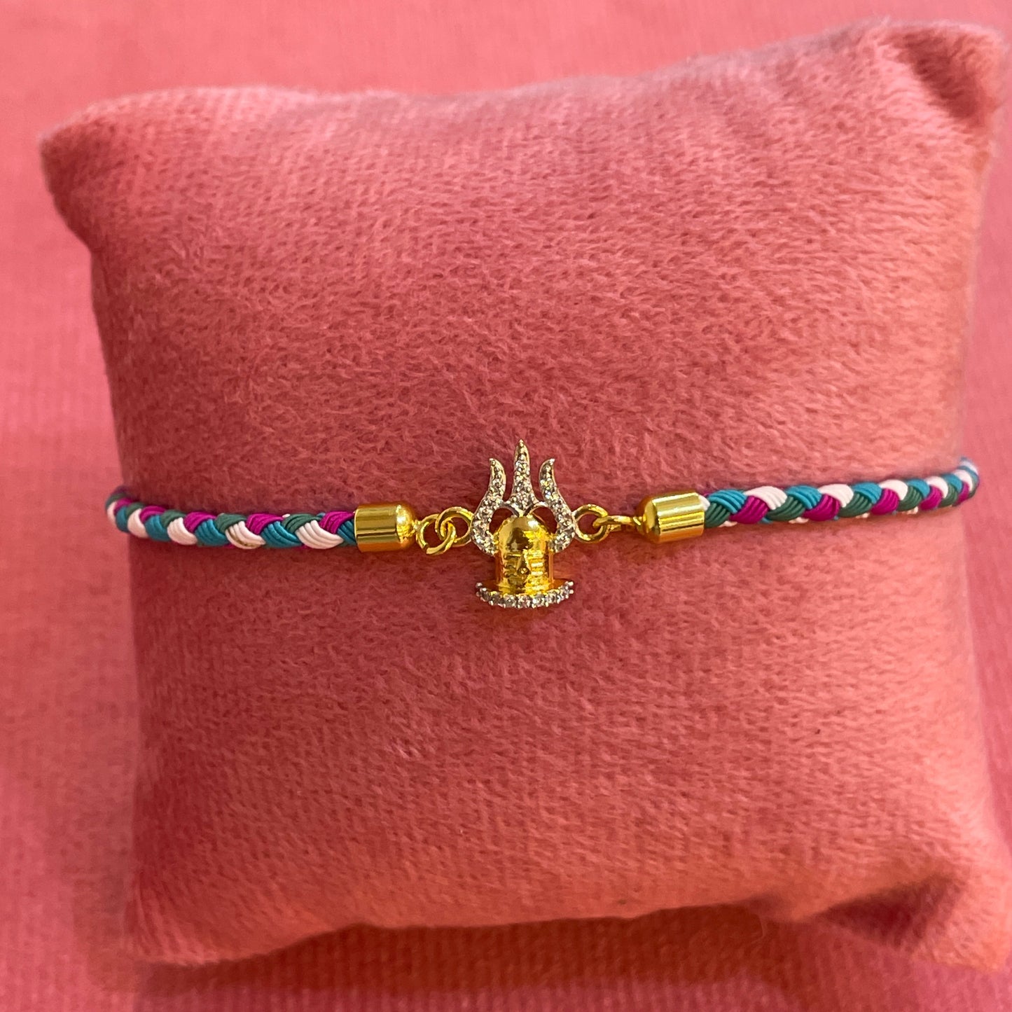 Silver Trishul Rakhi for Brother | Gold Plated CZ Charm with Multicolour Thread