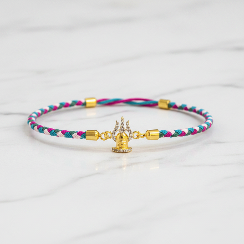 92.5 Silver Trishul Rakhi for Brother | Gold Plated CZ Charm with Multicolour Thread
