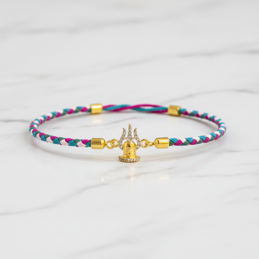 92.5 Silver Trishul Rakhi for Brother | Gold Plated CZ Charm with Multicolour Thread
