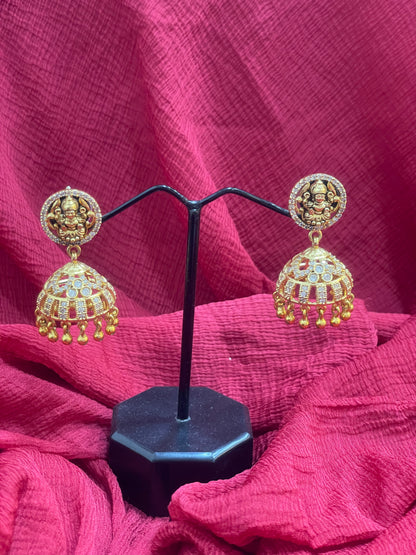 92.5 Silver Gold Plated Lakshmi Devi Jhumka Earrings for Women | Traditional Temple Style | Festive Jewellery