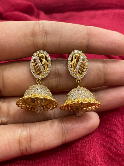 92.5 Silver Gold Plated White Stone Jhumka Earrings for Women | Traditional Elegant Design | Festive Jewellery