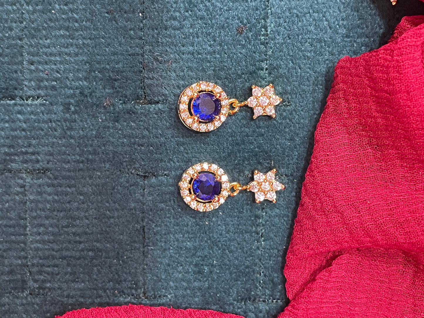 92.5 silver stylish gold plated flower blue stone earrings