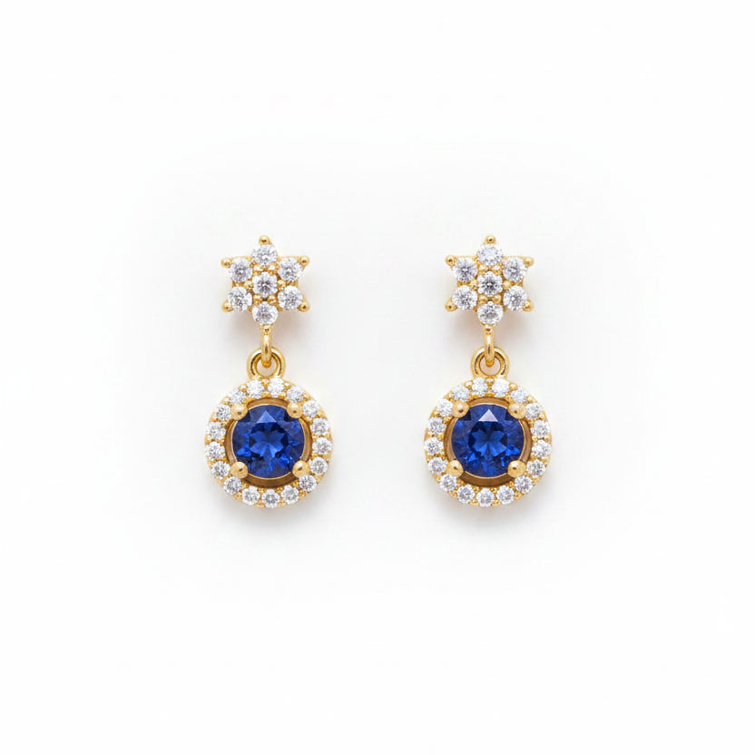 92.5 silver stylish gold plated flower blue stone earrings