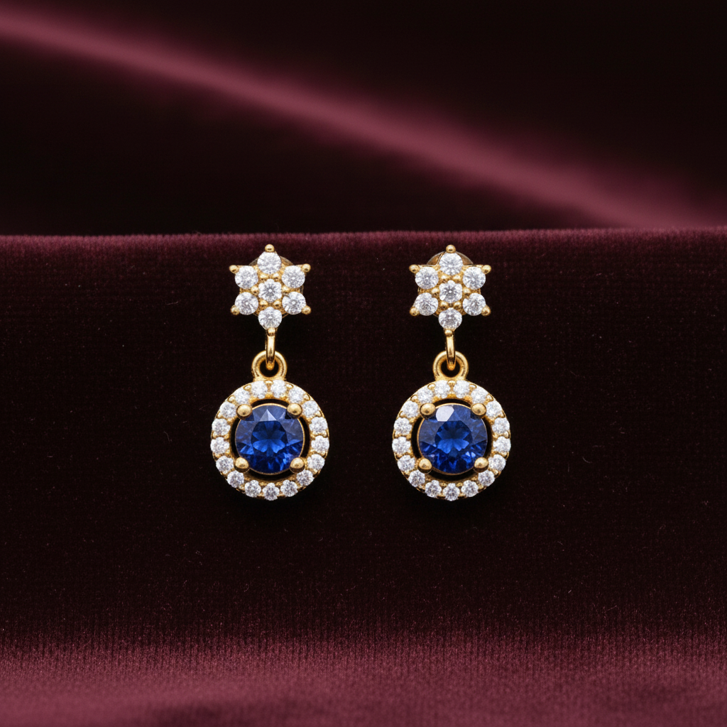 92.5 silver stylish gold plated flower blue stone earrings