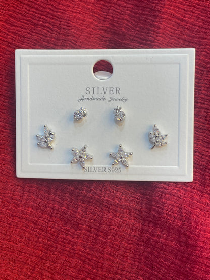 92.5 Silver Flower Earrings Stack for Women | Floral Stud Set | Stylish Layered Jewellery