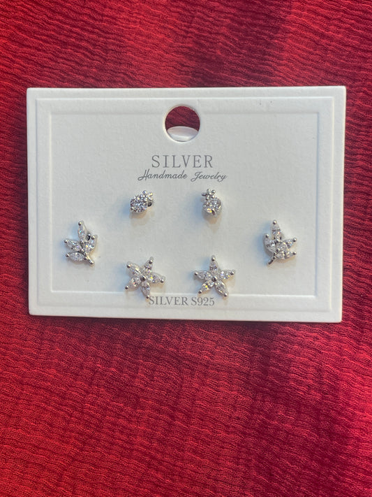 92.5 Silver Flower Earrings Stack for Women | Floral Stud Set | Stylish Layered Jewellery