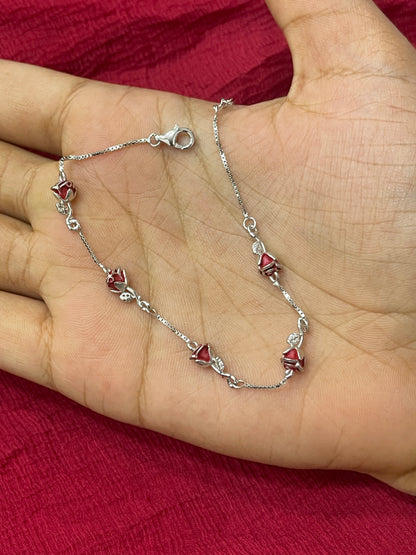 92.5 Silver Red Rose Bracelet 8.5 Inches | Elegant Floral Design | Jewellery