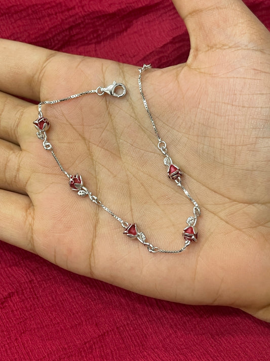 92.5 Silver Red Rose Bracelet 8.5 Inches | Elegant Floral Design | Jewellery