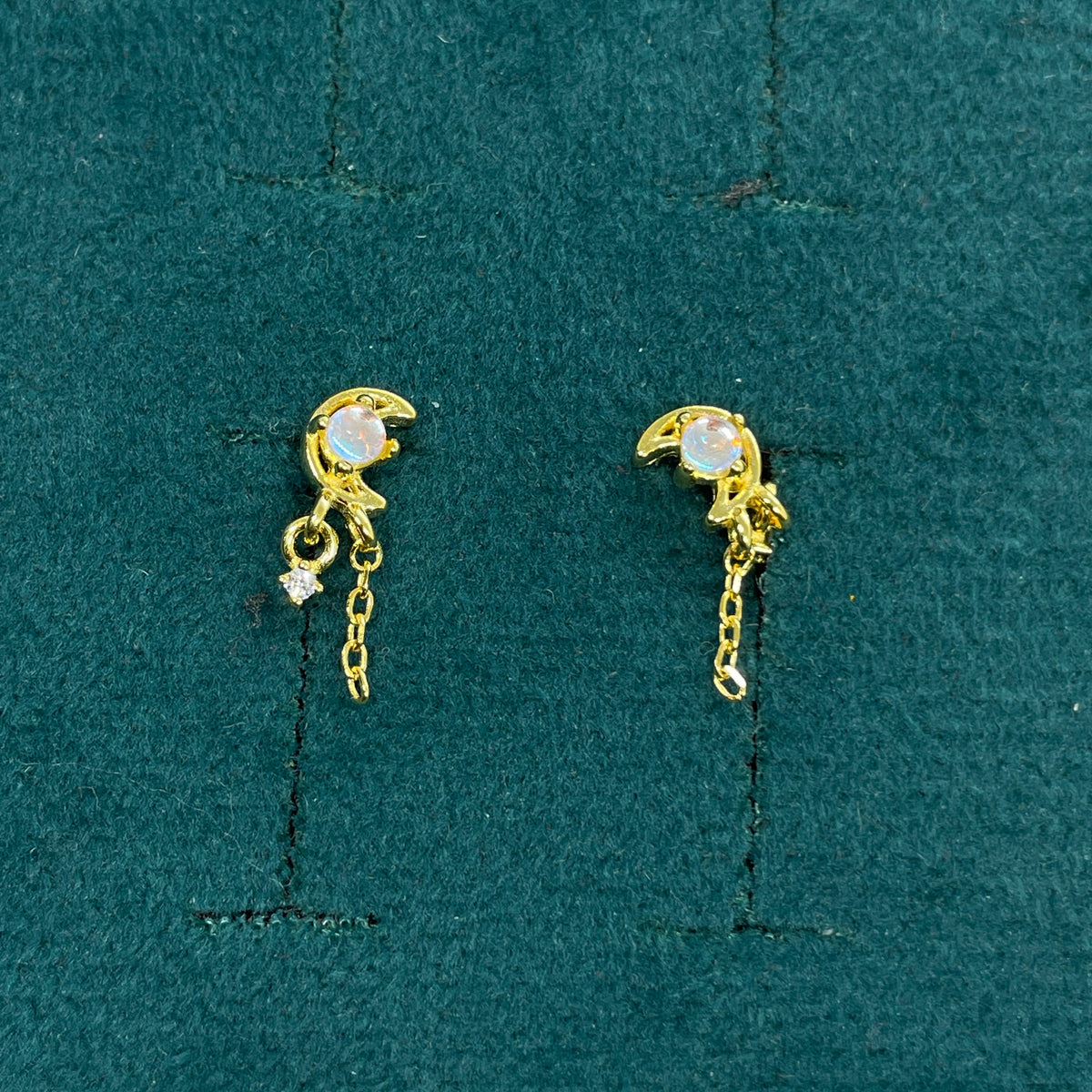 92.5 Sterling Silver Gold Plated Opal & White CZ Crescent Moon Chain Tassel Drop Earrings for Women