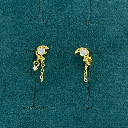 92.5 Sterling Silver Gold Plated Opal & White CZ Crescent Moon Chain Tassel Drop Earrings for Women