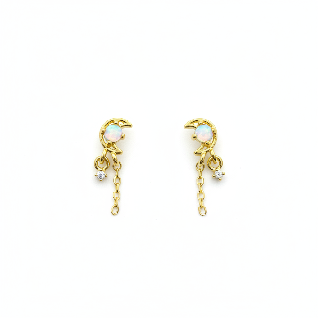 92.5 Sterling Silver Gold Plated Opal & White CZ Crescent Moon Chain Tassel Drop Earrings for Women