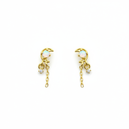 92.5 Sterling Silver Gold Plated Opal & White CZ Crescent Moon Chain Tassel Drop Earrings for Women