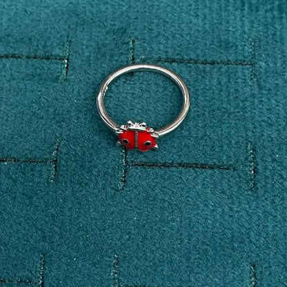 92.5 Sterling Silver Red & Black Enamel Full Ladybird Charm Kids Finger Ring — Size 7