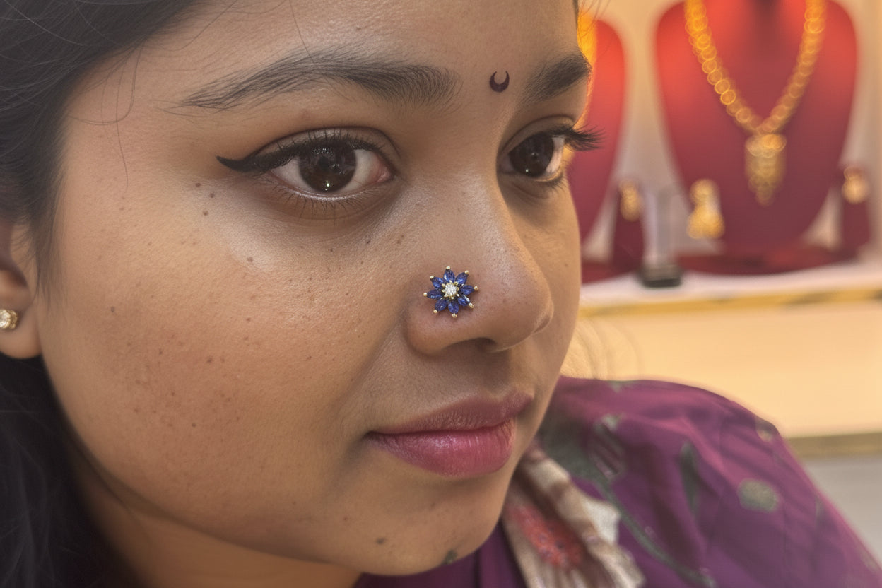 92.5 Silver Gold Plated Blue Flower Nose Pin for Women | Stylish Floral Design | Elegant Jewellery
