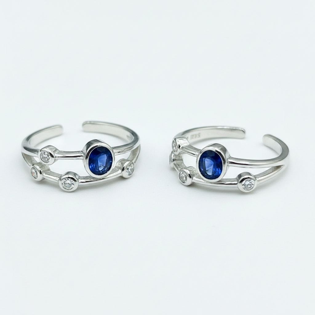 92.5 Silver Blue & White CZ Double Band Toe Rings for Women