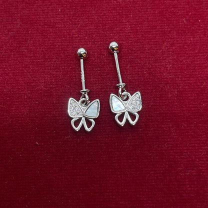 92.5 Sterling Silver Split-Wing Butterfly Bar Drop Earrings for Women | Mother-of-Pearl & CZ Butterfly Charm pair