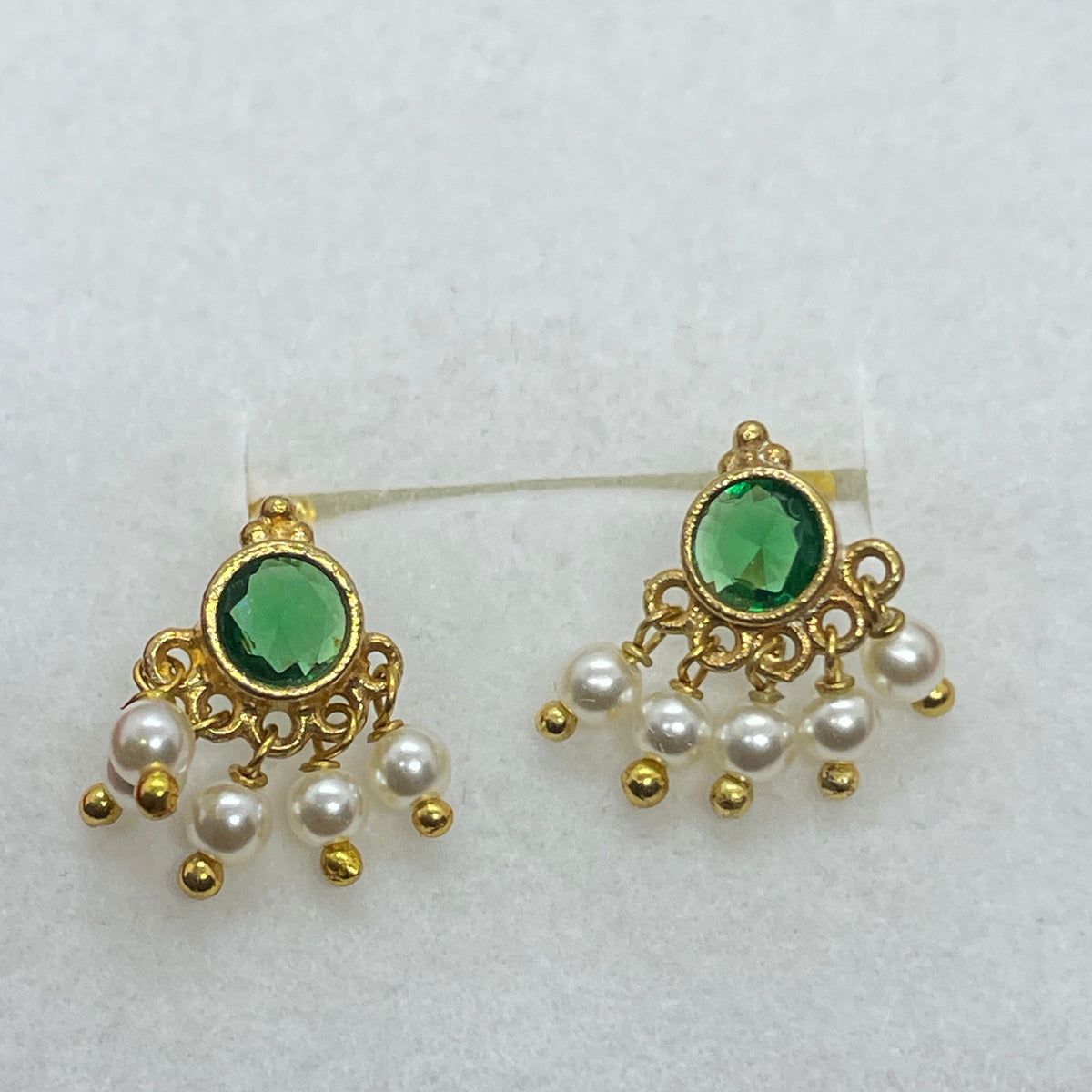 Gold Plated 92.5 Sterling Silver Emerald Green CZ & Pearl Cluster Stud Earrings for Women | Temple-Inspired Emerald Pearl Fan Drop Studs pair