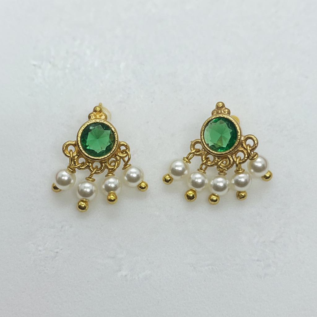 Gold Plated 92.5 Sterling Silver Emerald Green CZ & Pearl Cluster Stud Earrings for Women | Temple-Inspired Emerald Pearl Fan Drop Studs pair