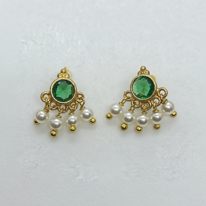 Gold Plated 92.5 Sterling Silver Emerald Green CZ & Pearl Cluster Stud Earrings for Women | Temple-Inspired Emerald Pearl Fan Drop Studs pair