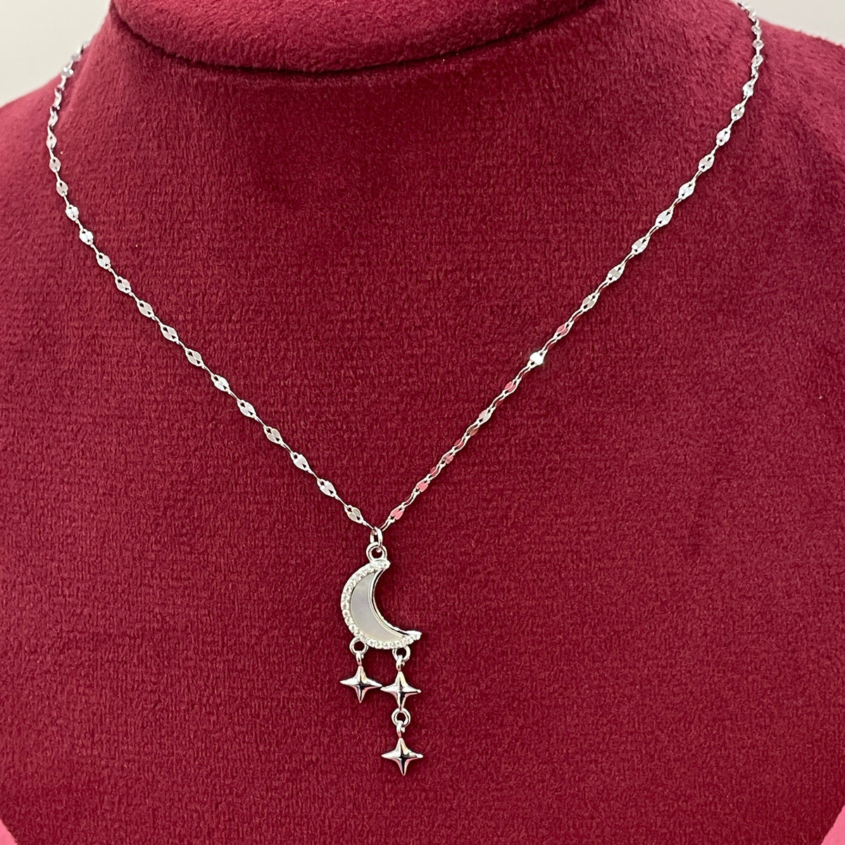 92.5 Silver Crescent Moon & Dangling Star Pendant Necklace for Women