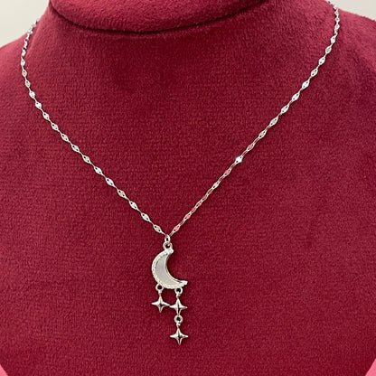 92.5 Silver Crescent Moon & Dangling Star Pendant Necklace for Women