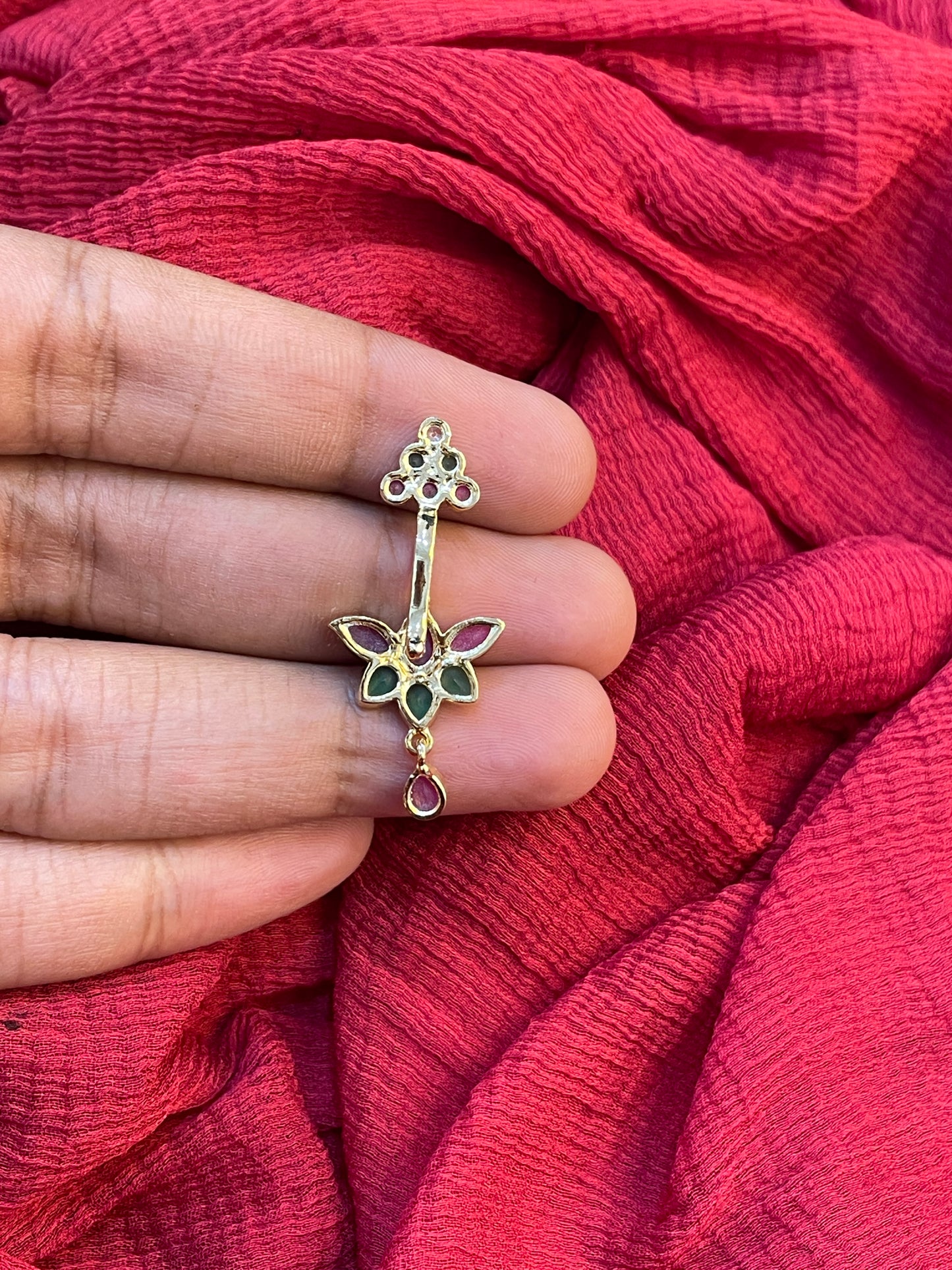 92.5 Silver Ruby Emerald Lotus Press-On Bugadi for Women | Temple Style Non-Piercing Ear Cuff | Traditional Jewellery