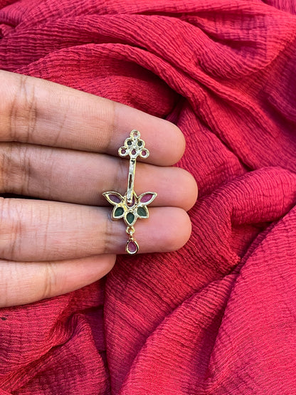 92.5 Silver Ruby Emerald Lotus Press-On Bugadi for Women | Temple Style Non-Piercing Ear Cuff | Traditional Jewellery