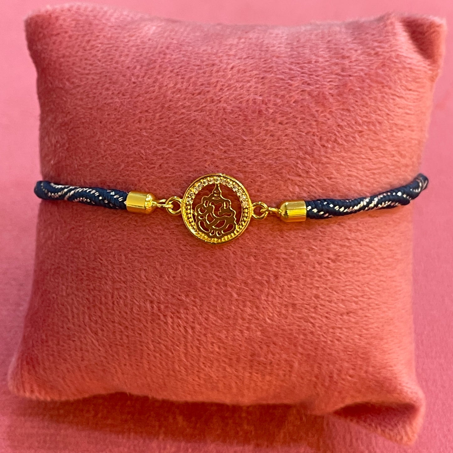 925 Silver Ganesha Rakhi for Brother | Gold Plated Circular Charm on Navy Blue Thread