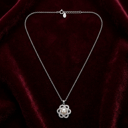 92.5 Silver White CZ Pearl Floral Pendant Chain for Women