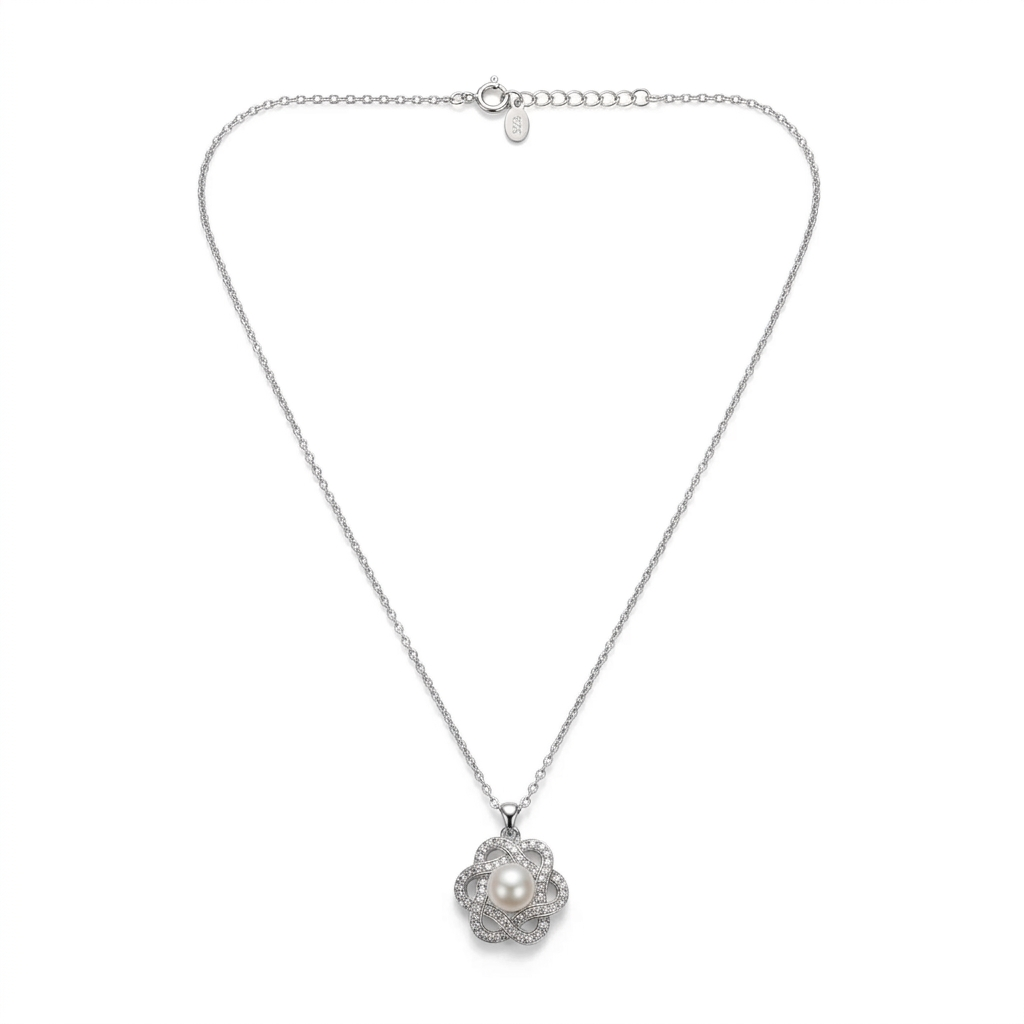 92.5 Silver White CZ Pearl Floral Pendant Chain for Women