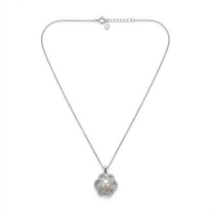 92.5 Silver White CZ Pearl Floral Pendant Chain for Women