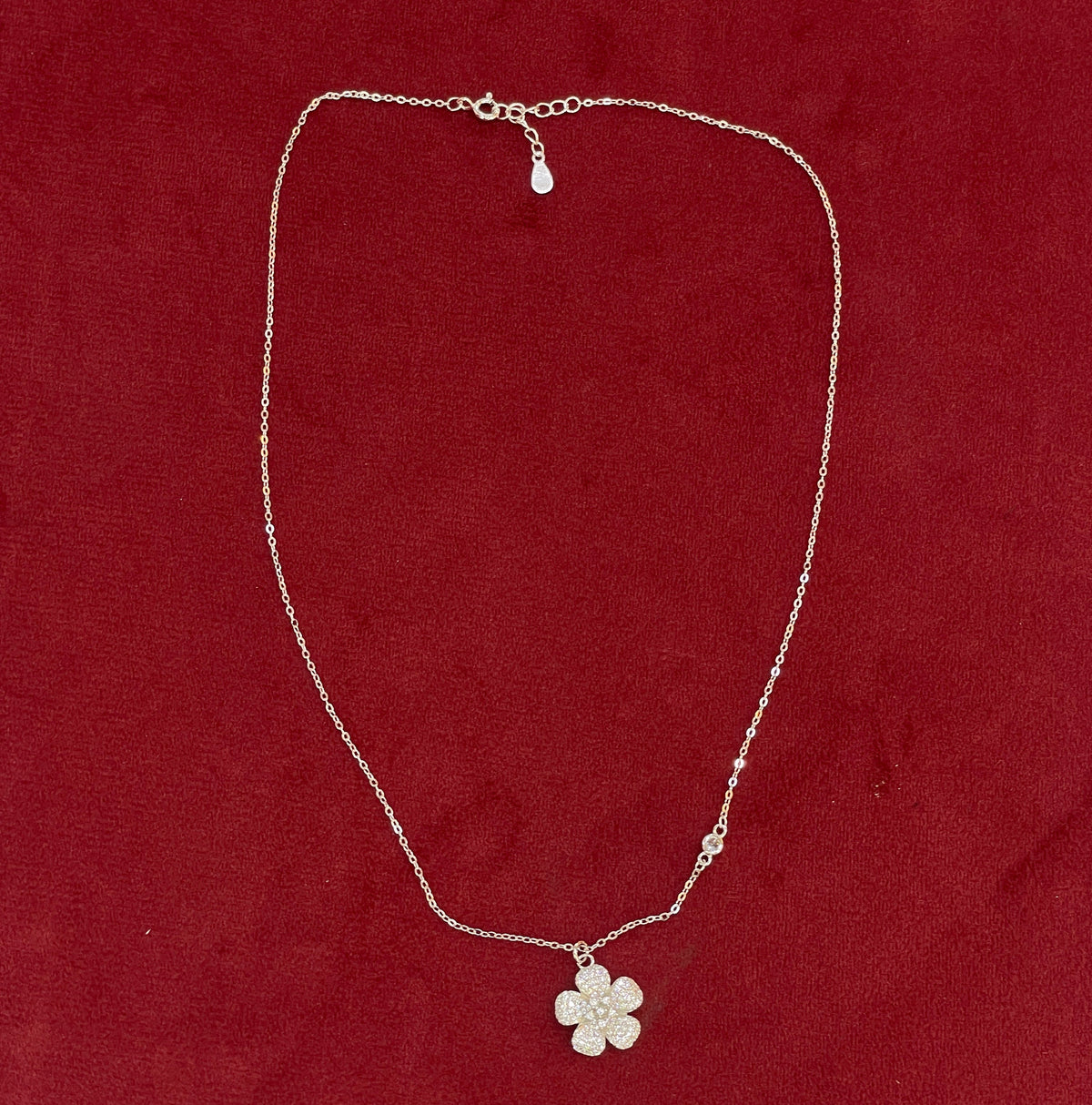 92.5 Silver Pave CZ Five-Petal Flower Pendant Necklace for Women
