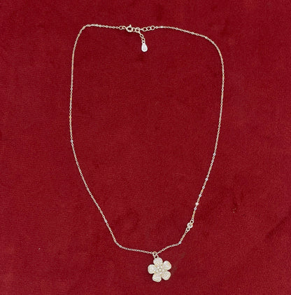 92.5 Silver Pave CZ Five-Petal Flower Pendant Necklace for Women
