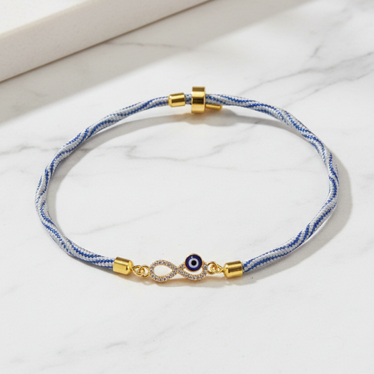 Gold-Plated Rakhi for Brother | CZ Infinity & Evil Eye Charm on Blue Silk Thread