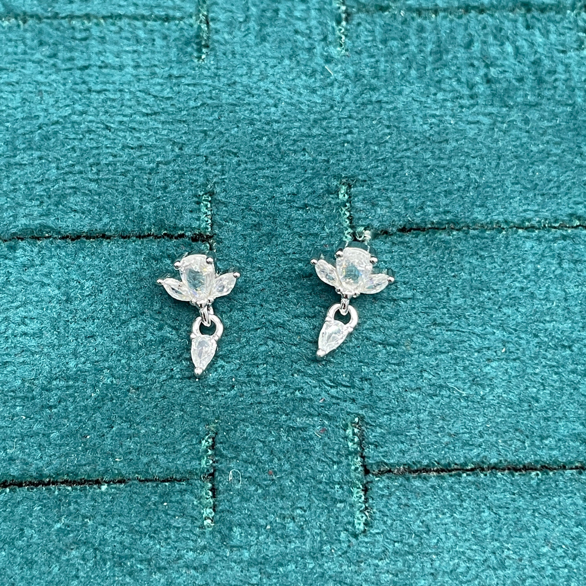 92.5 Sterling Silver Round & Dual Marquise White CZ Lotus Top with Pear White CZ Drop Earrings for Women